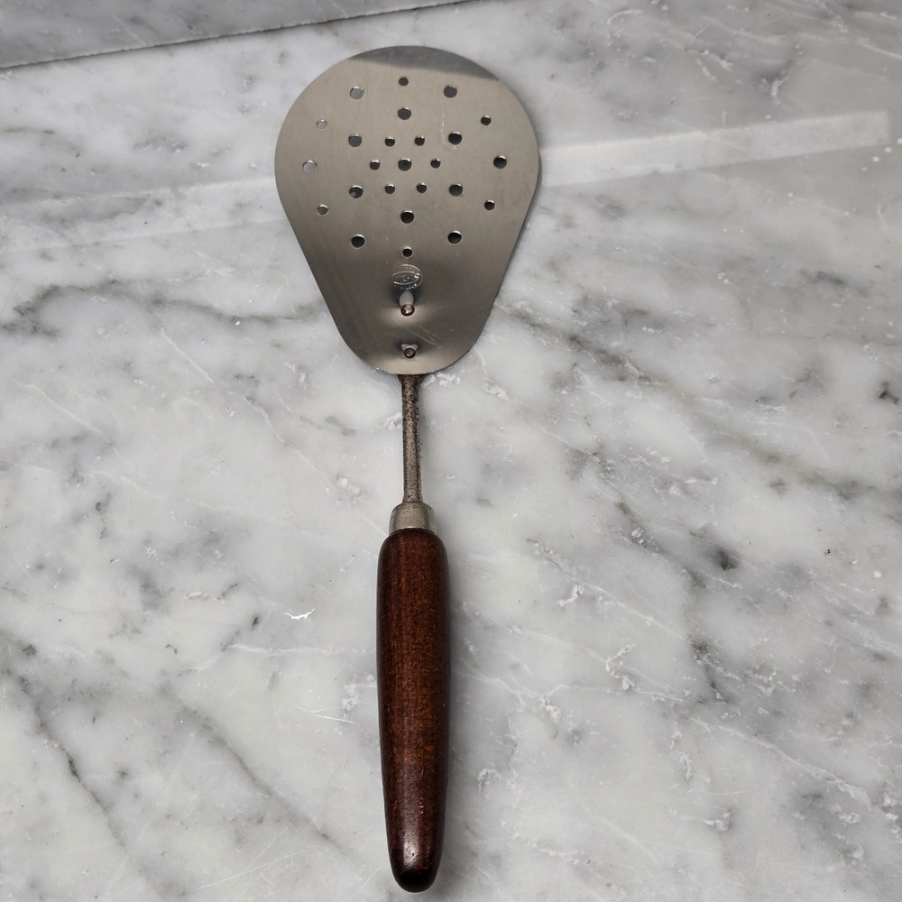Vintage Rostfritt Sweden Sveico Slotted Spatula Wood Handle Turner, Flipper, MCM